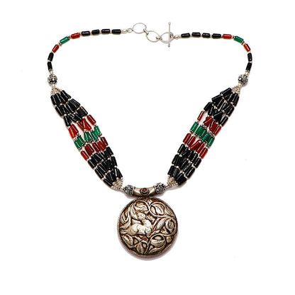 Black Red & Green Beaded Tribal Silver Necklace