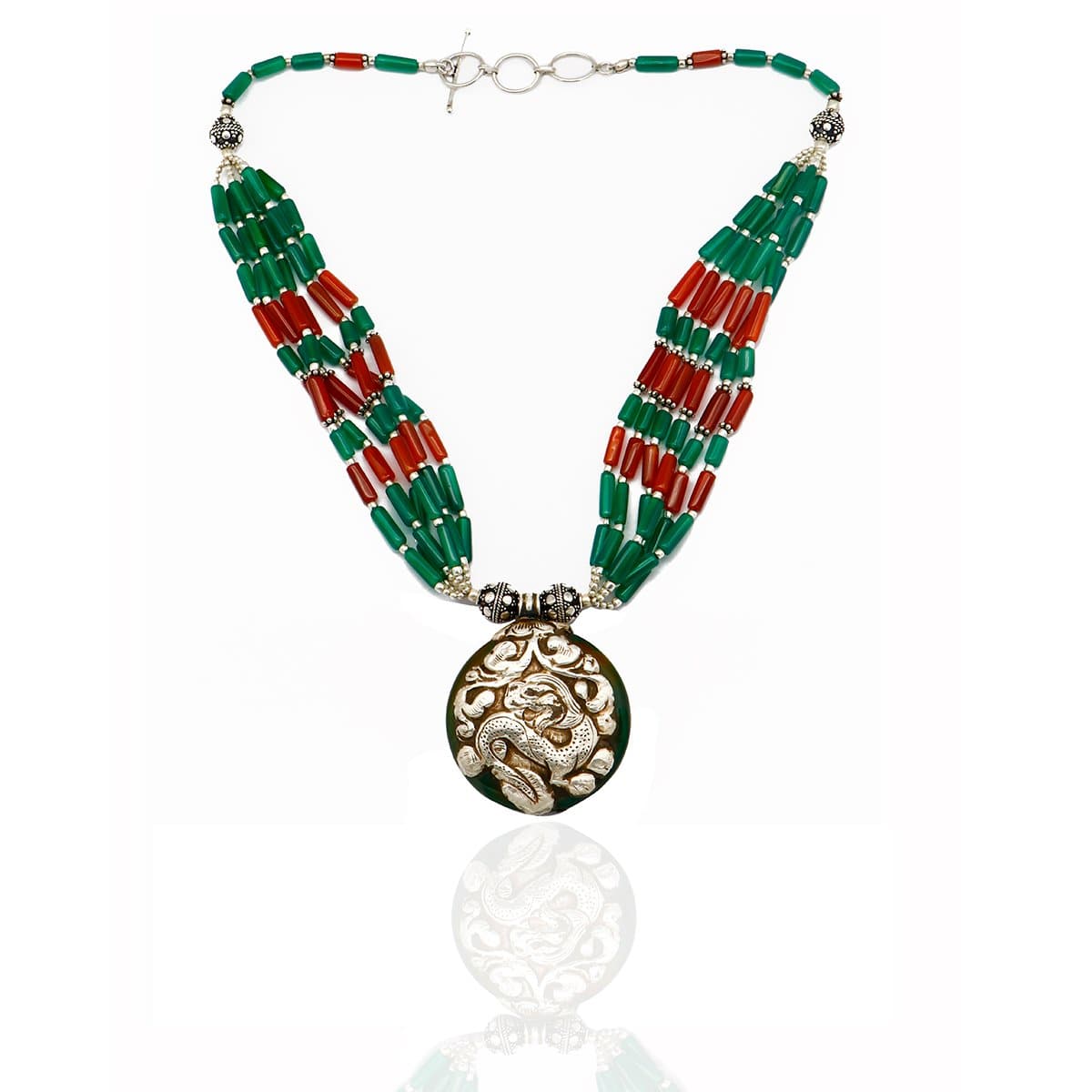 Multicolour Beaded Tribal Silver Necklace