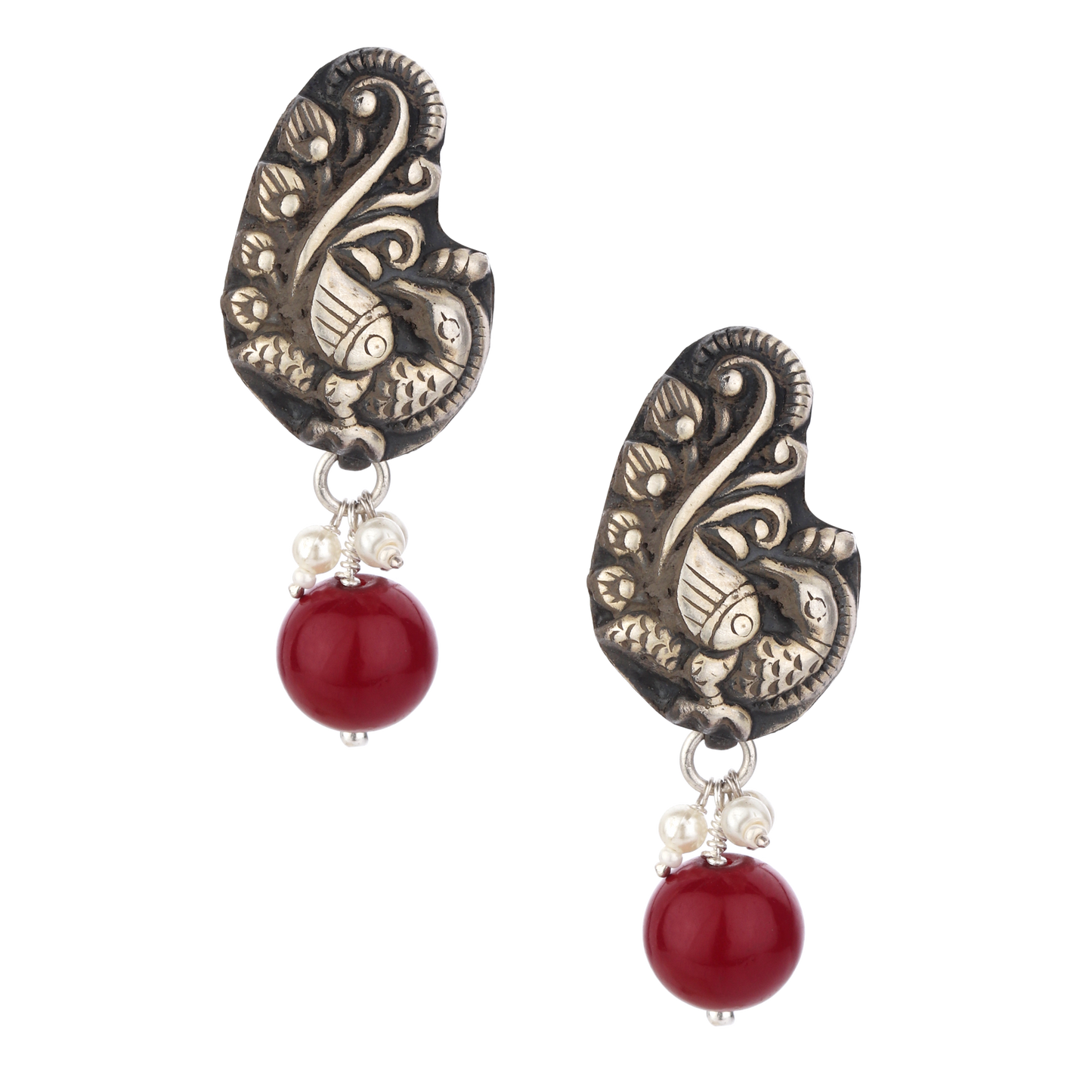 Parina Peacock Motif Silver Red Drop Earrings