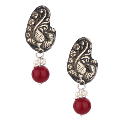 Parina Peacock Motif Silver Red Drop Earrings