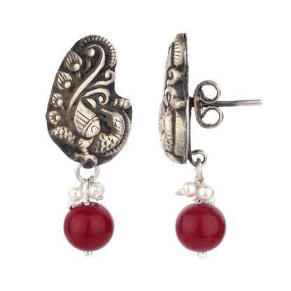 Parina Peacock Motif Silver Red Drop Earrings