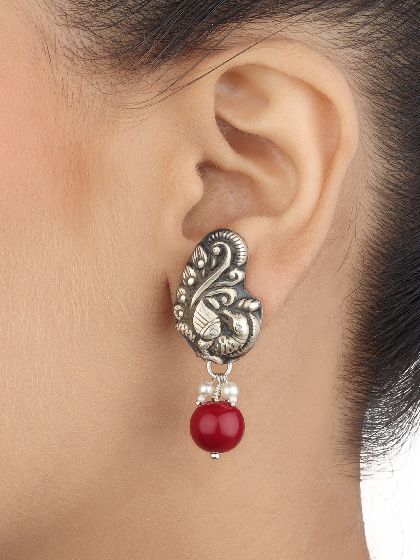 Parina Peacock Motif Silver Red Drop Earrings