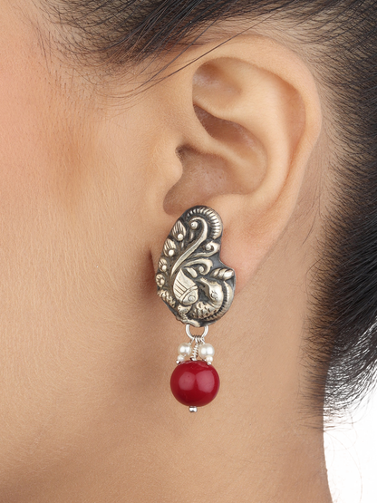 Parina Peacock Motif Silver Red Drop Earrings