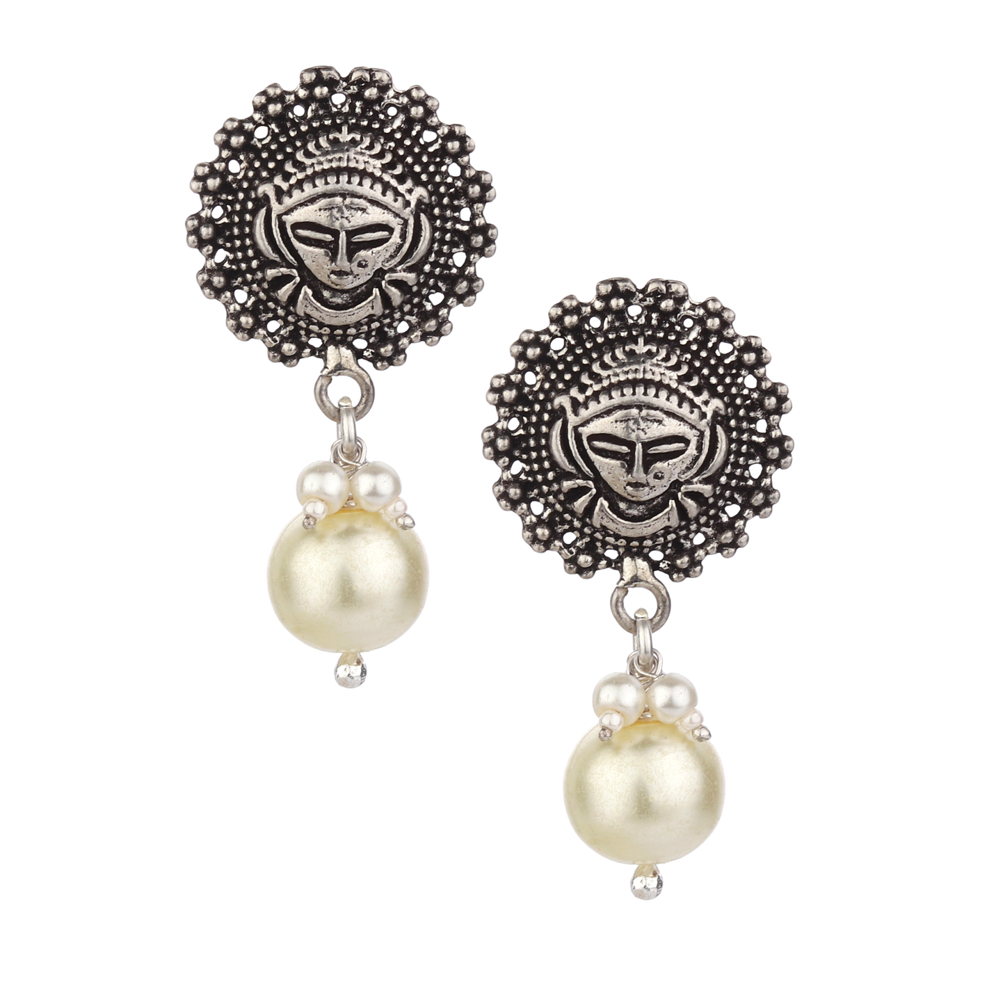 Avantika Tribal Silver Pearl Drop Earrings With Deity Motif