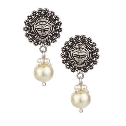 Avantika Tribal Silver Pearl Drop Earrings With Deity Motif