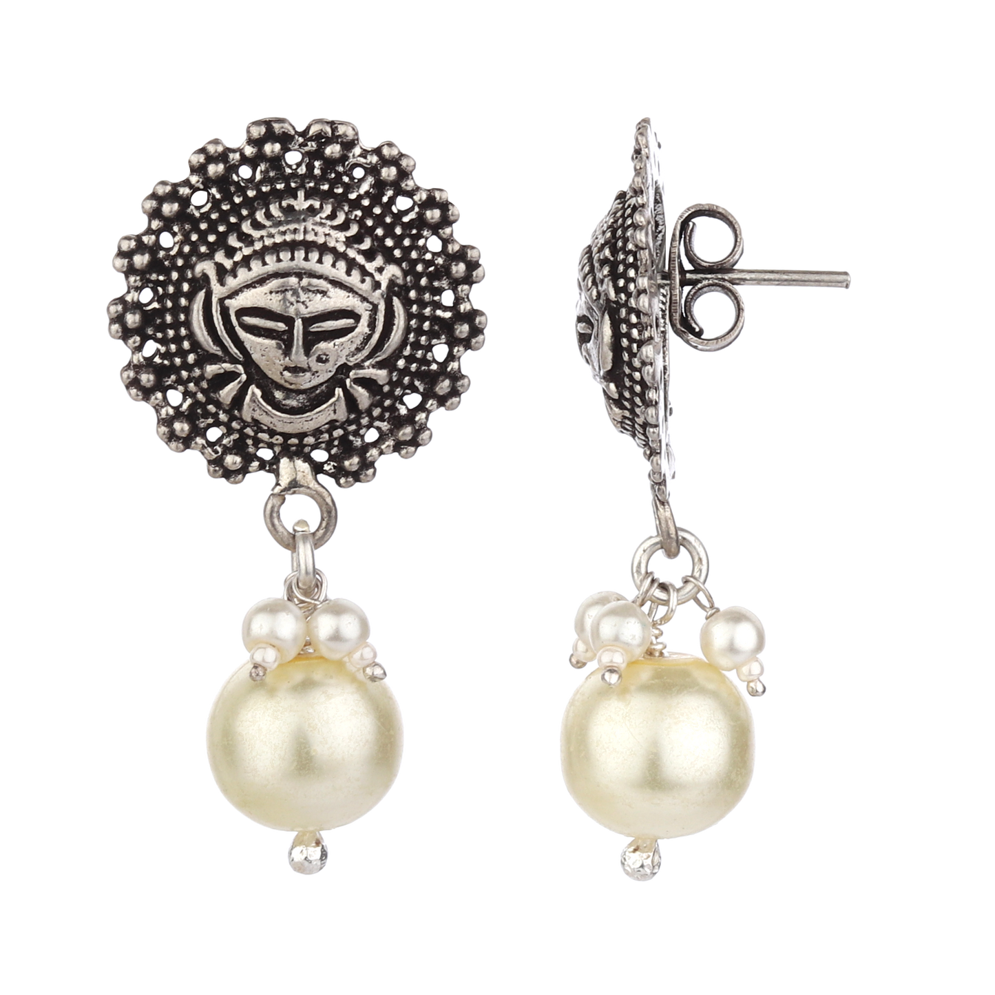 Avantika Tribal Silver Pearl Drop Earrings With Deity Motif