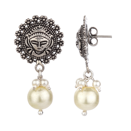 Avantika Tribal Silver Pearl Drop Earrings With Deity Motif