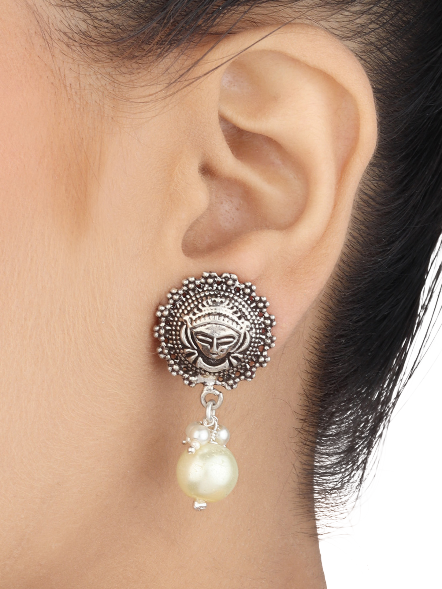 Avantika Tribal Silver Pearl Drop Earrings With Deity Motif