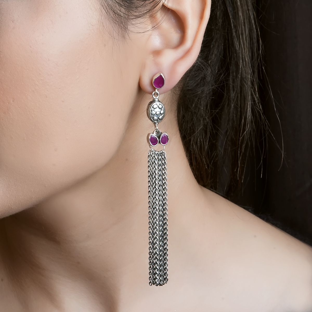 Avni Pink Silver Chain Earrings