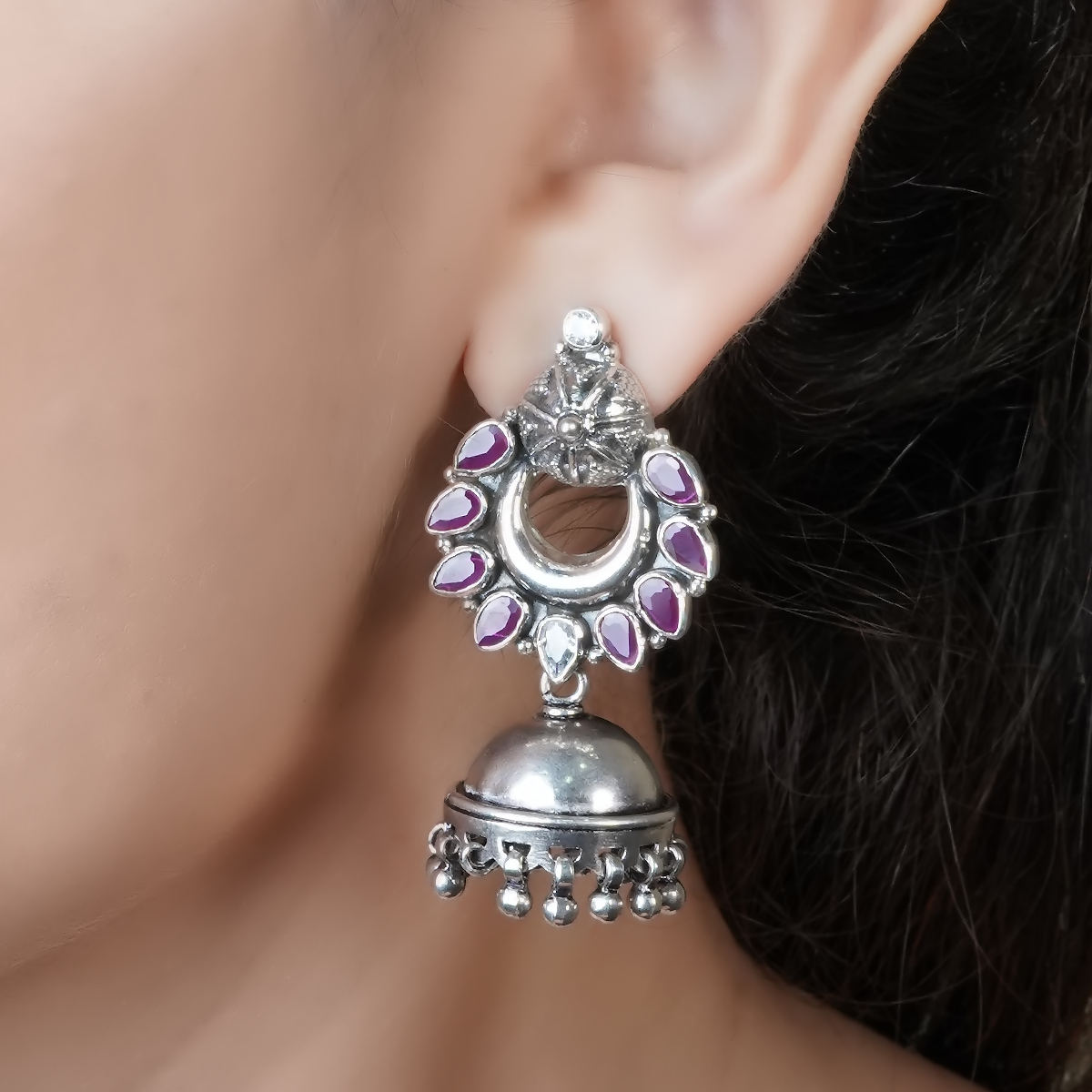 Aarushi Purple Floral Silver Earrings