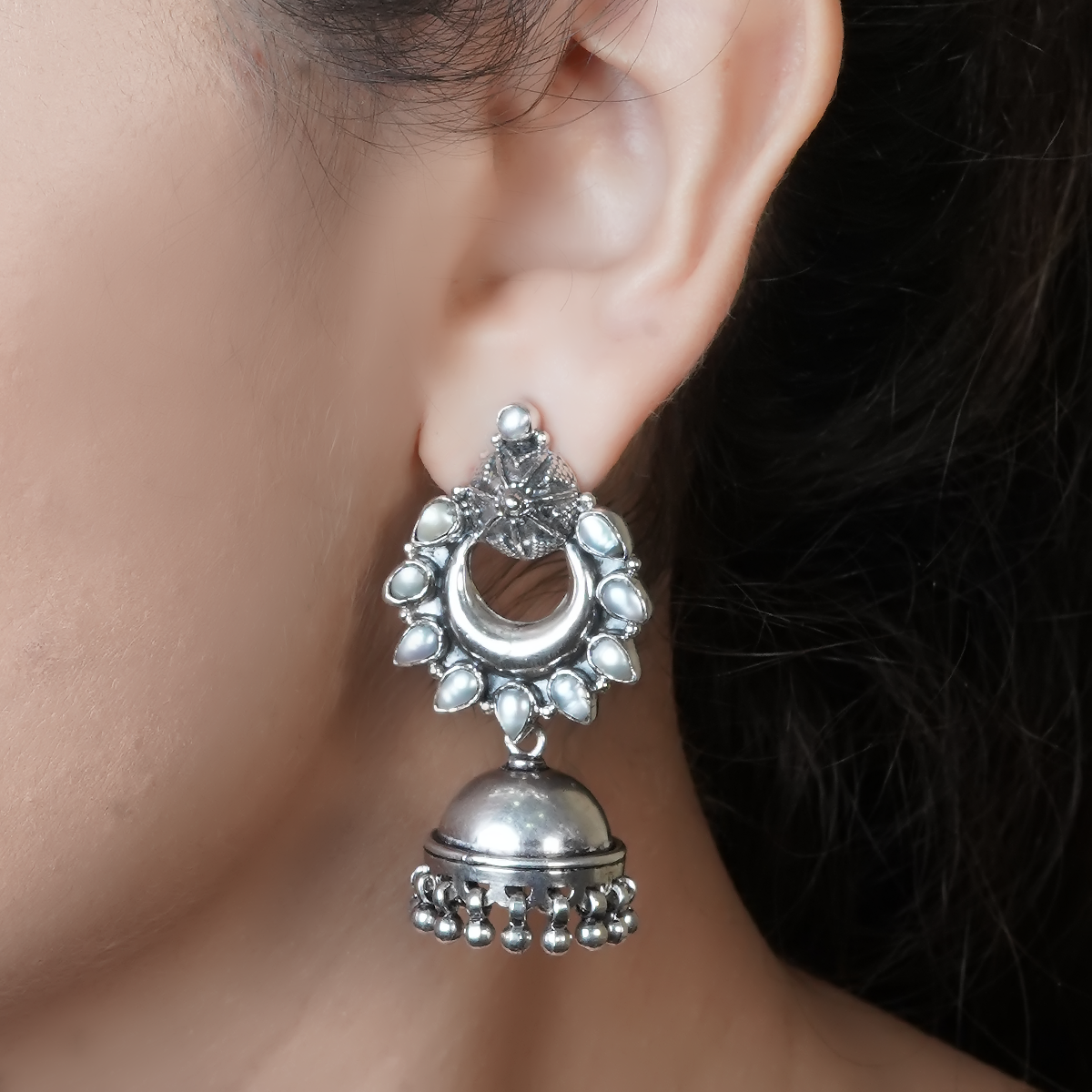 Aarushi Pearl Floral Silver Earrings