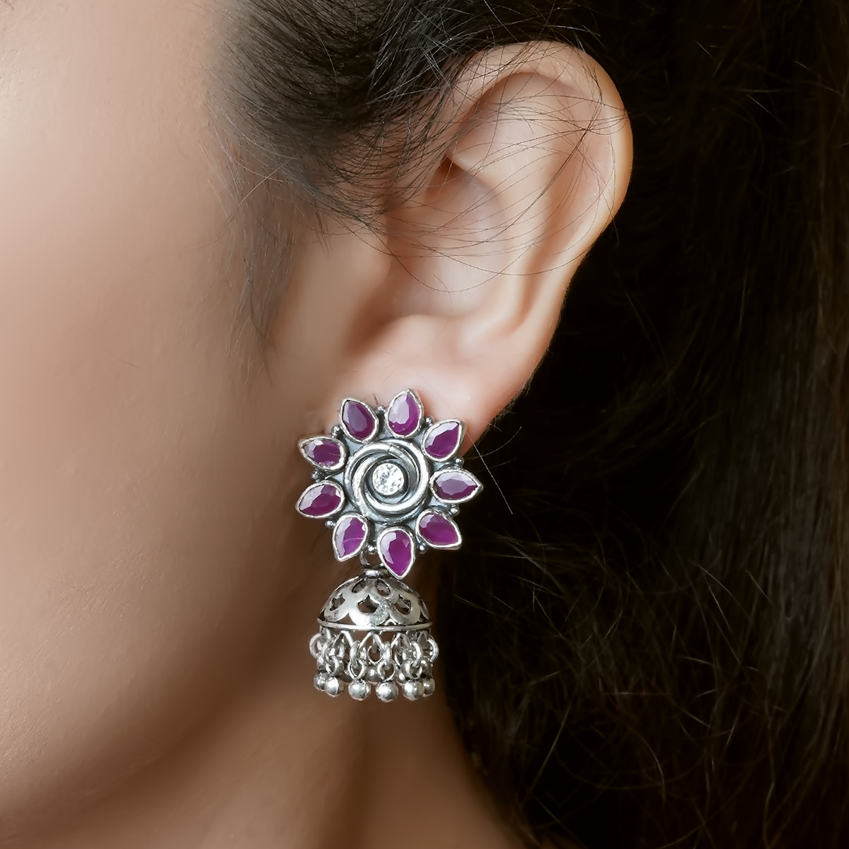 Reema Pink Floral Silver Earrings