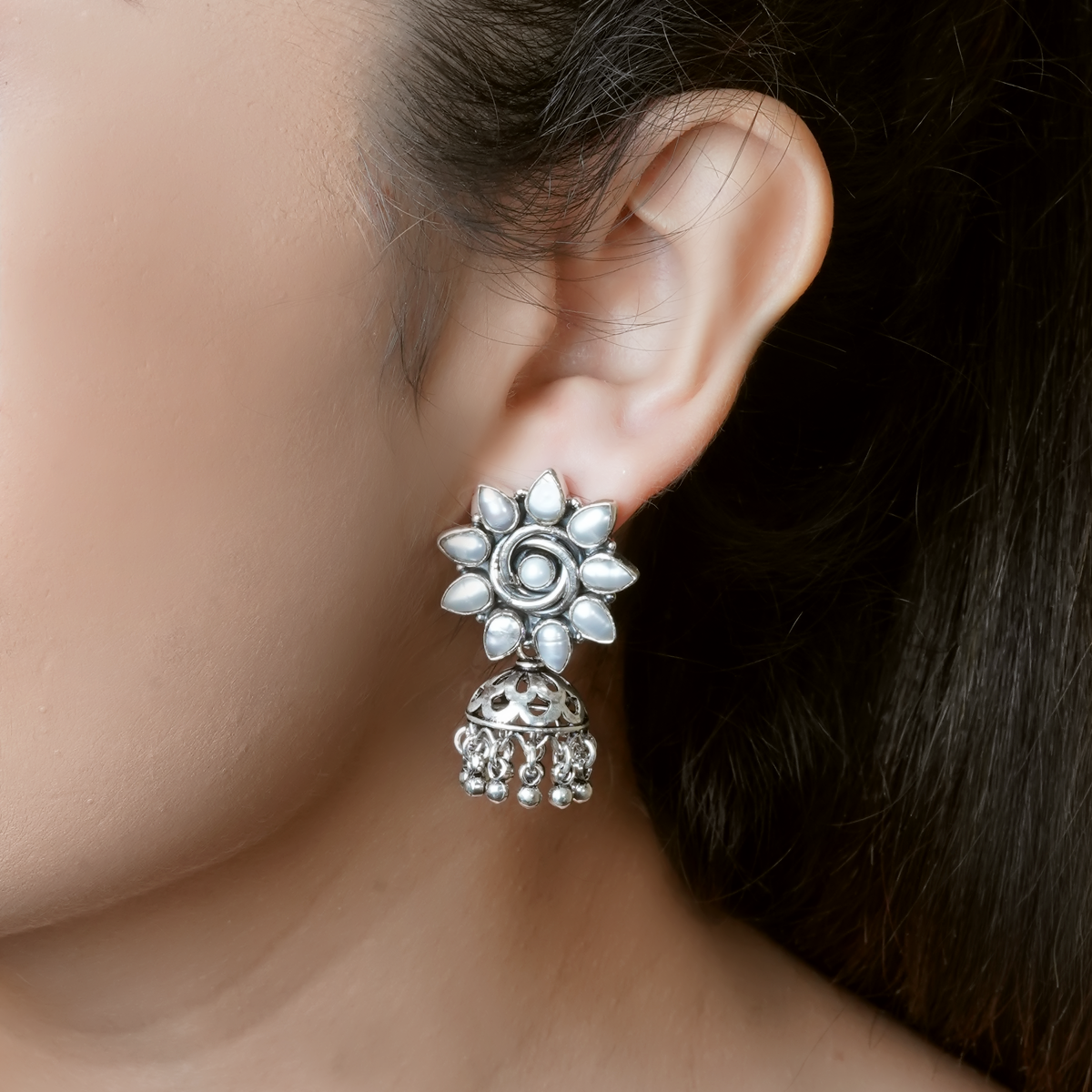 Reema Pearl Floral Silver Earrings