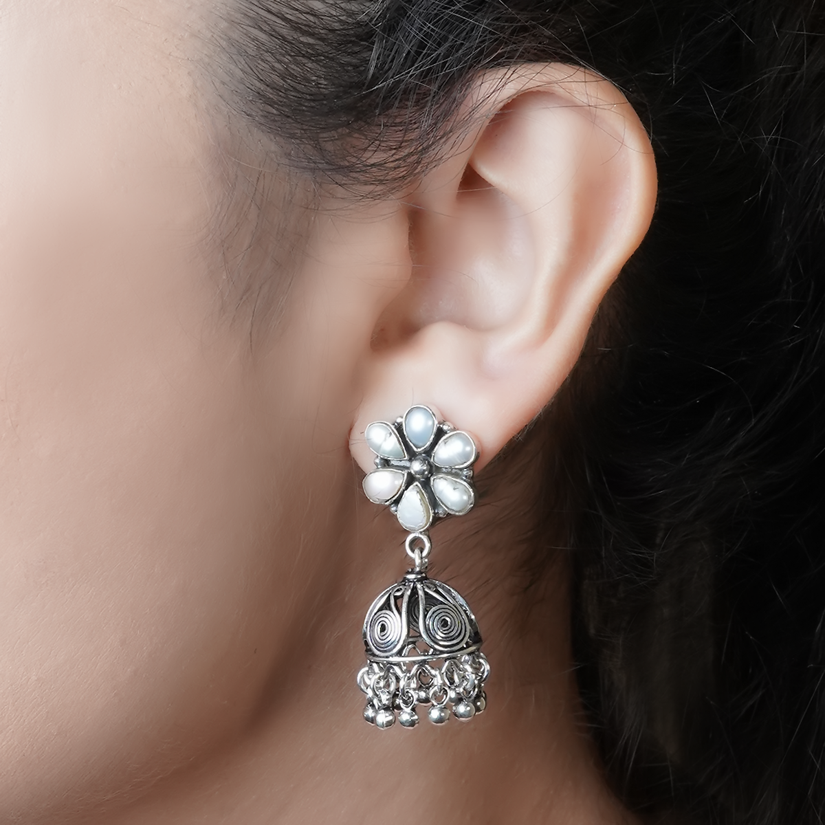 Darcy Pearl Floral Silver Earrings