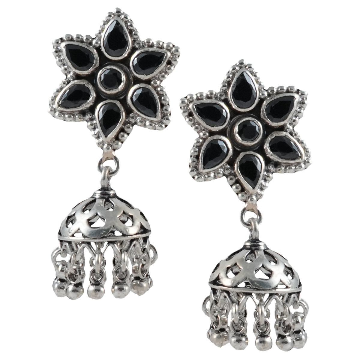 Alice Black Floral Silver Earrings