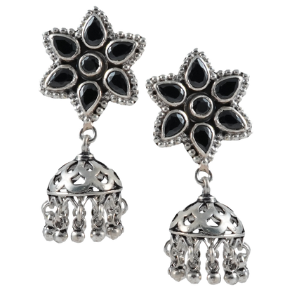 Alice Black Floral Silver Earrings