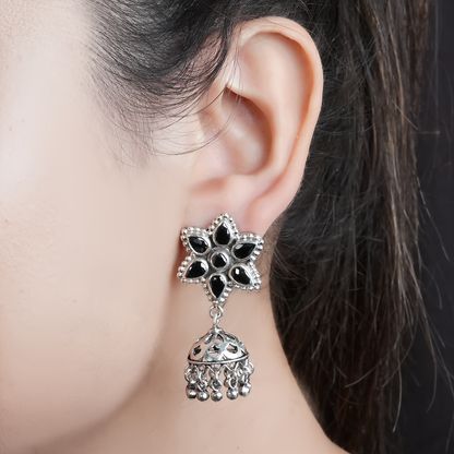 Alice Black Floral Silver Earrings