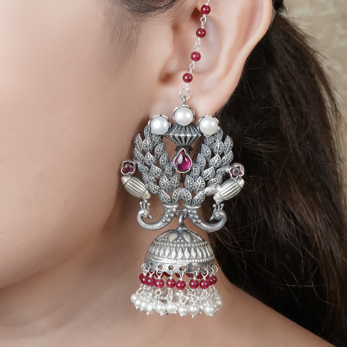 Manyata Pink Silver Earrings with Peacock Motif