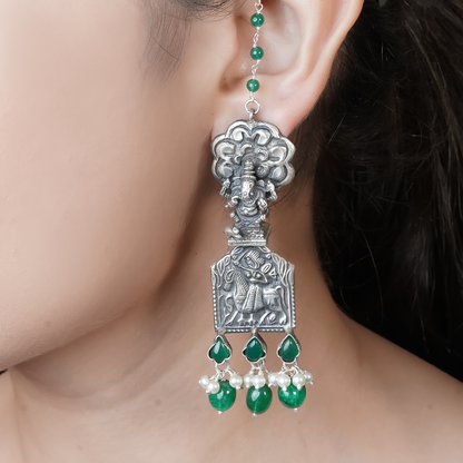 Saryu Green Silver Earrings with Deity Motif