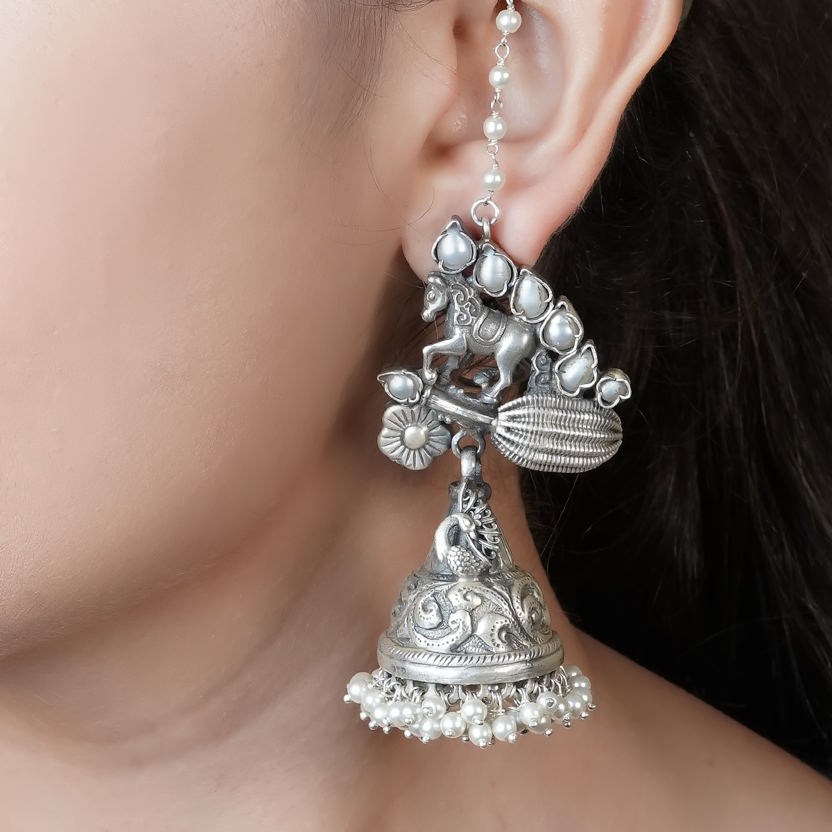 Aarvi Pearl Silver Earrings with Mare Motif