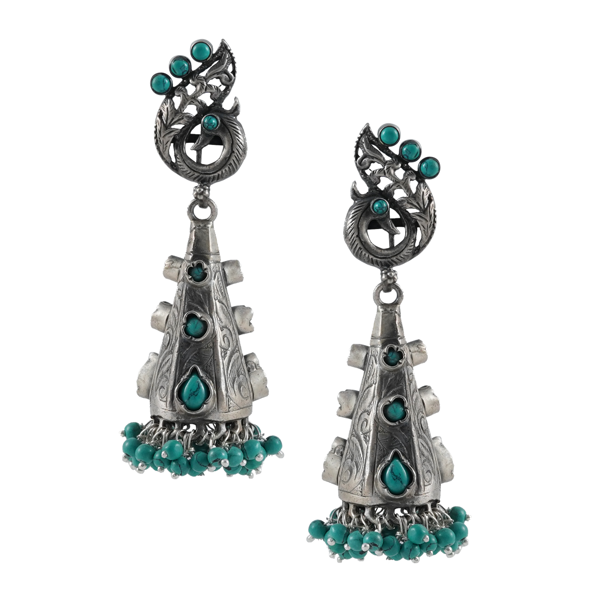 Misha Turquoise Silver Earrings with Peacock Motif