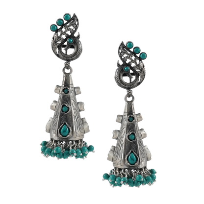 Misha Turquoise Silver Earrings with Peacock Motif