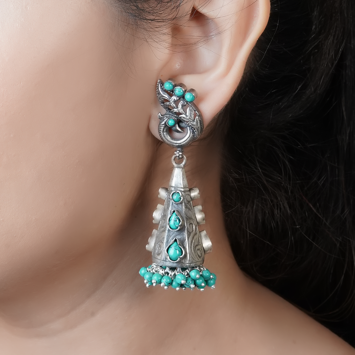 Misha Turquoise Silver Earrings with Peacock Motif