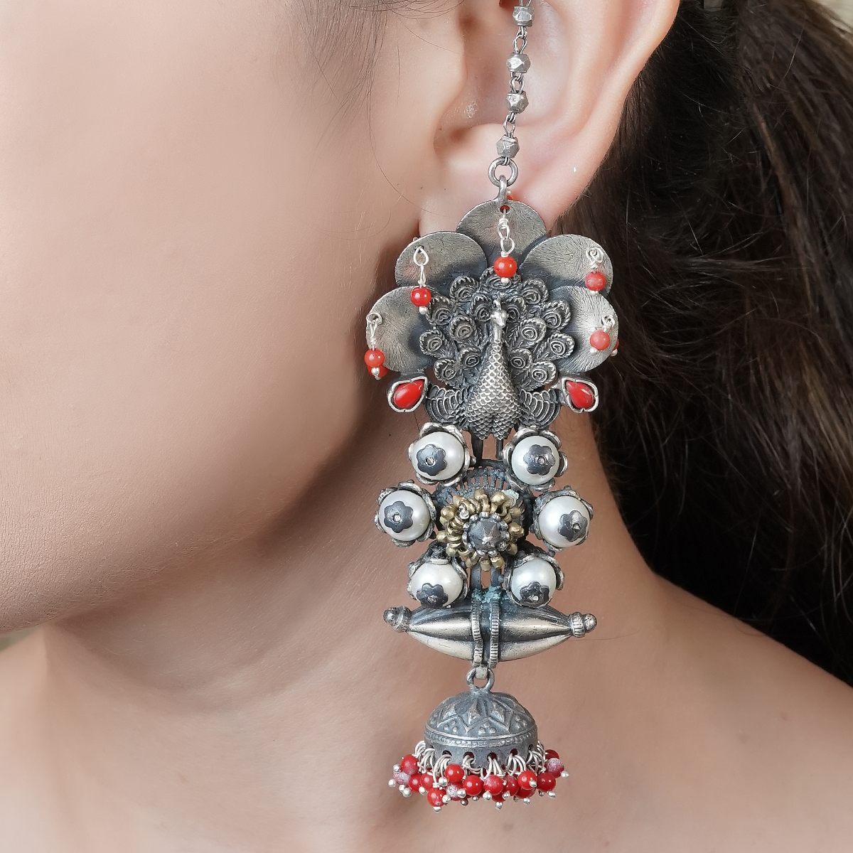 Shiya Red Silver Earrings with Peacock Motif