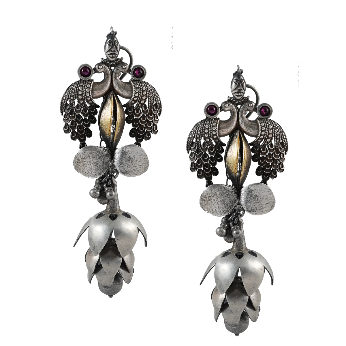 Inayat Dual Tone Silver Earrings with Peacock Motif