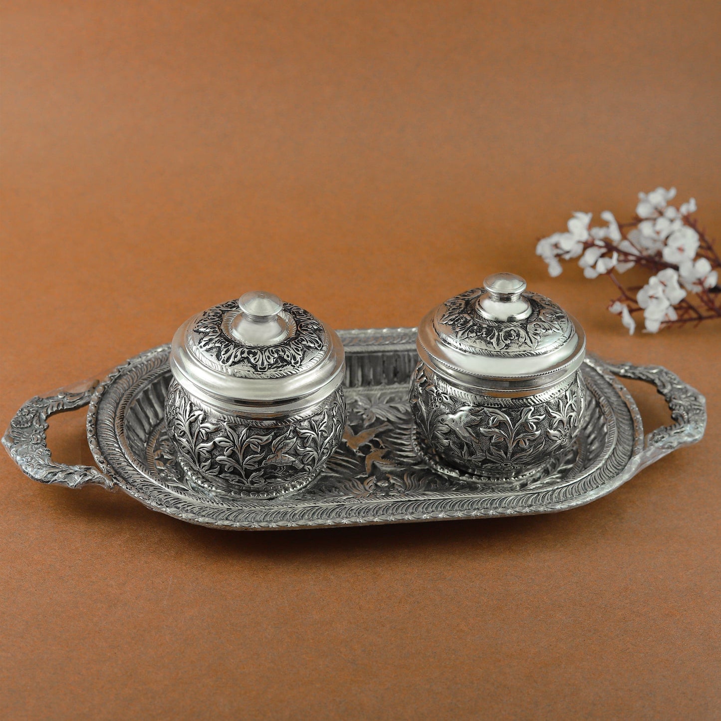 Antique Silver Tray and Dry Fruit Box Set