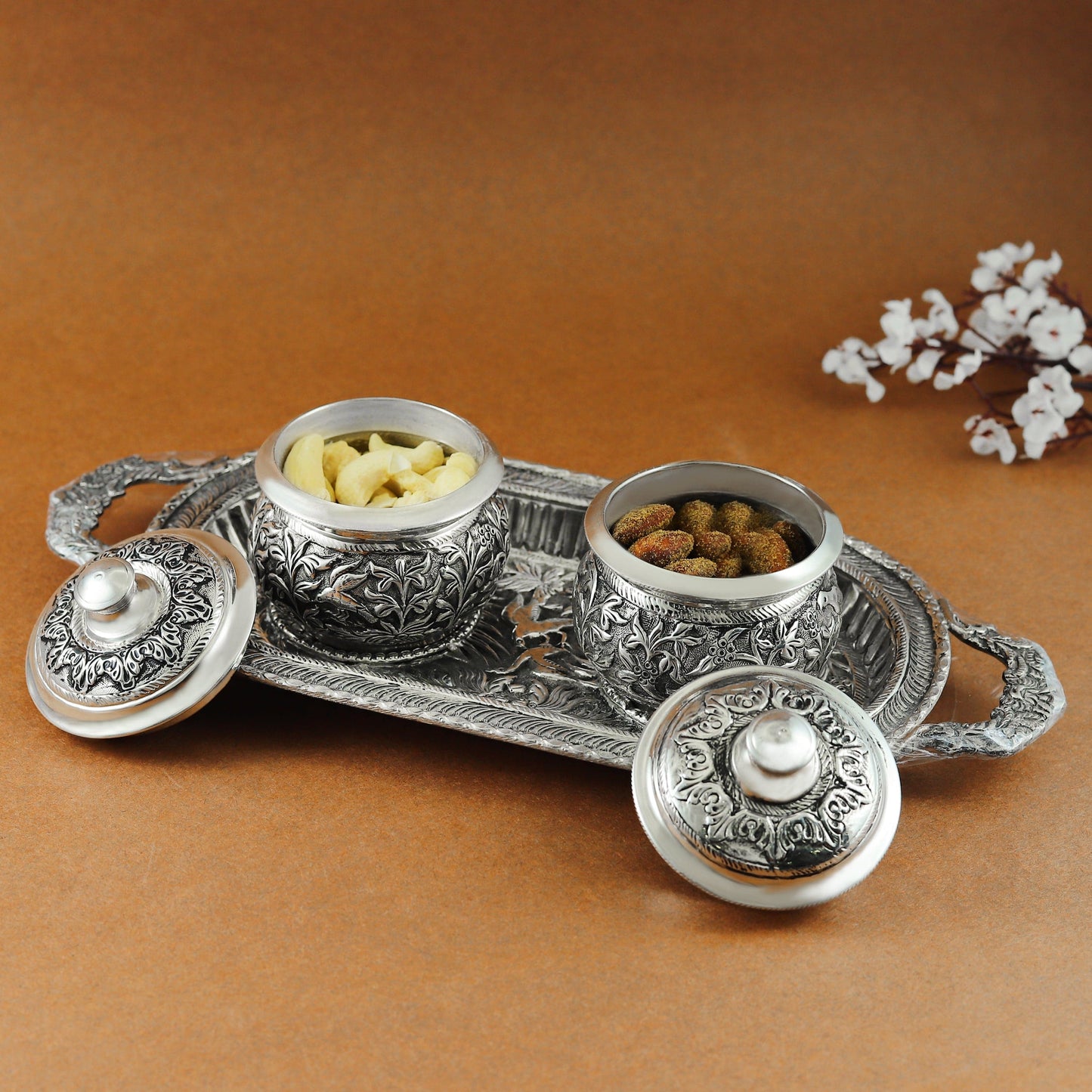 Antique Silver Tray and Dry Fruit Box Set