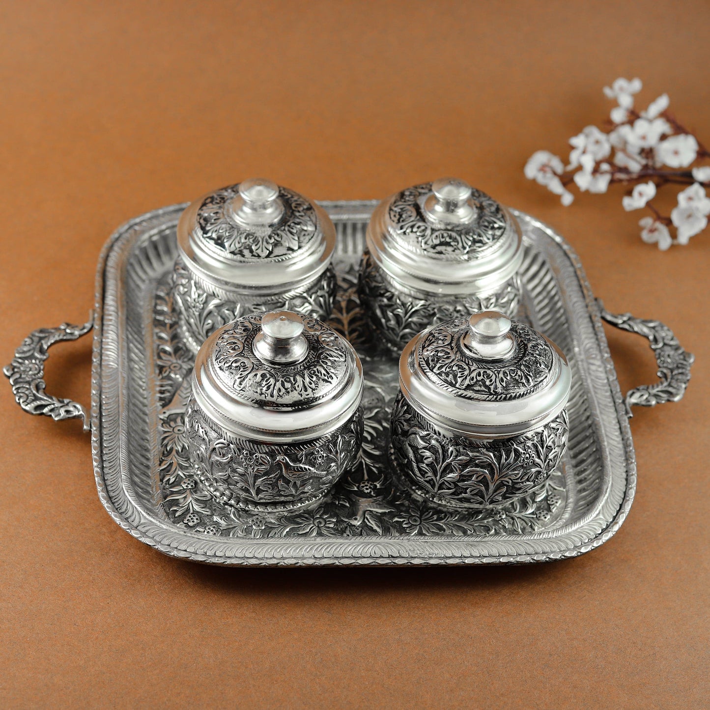 Ravishing Silver Tray and Dray Fruit Box Set