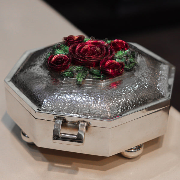 Enamel Rose Blossom Silver Box
