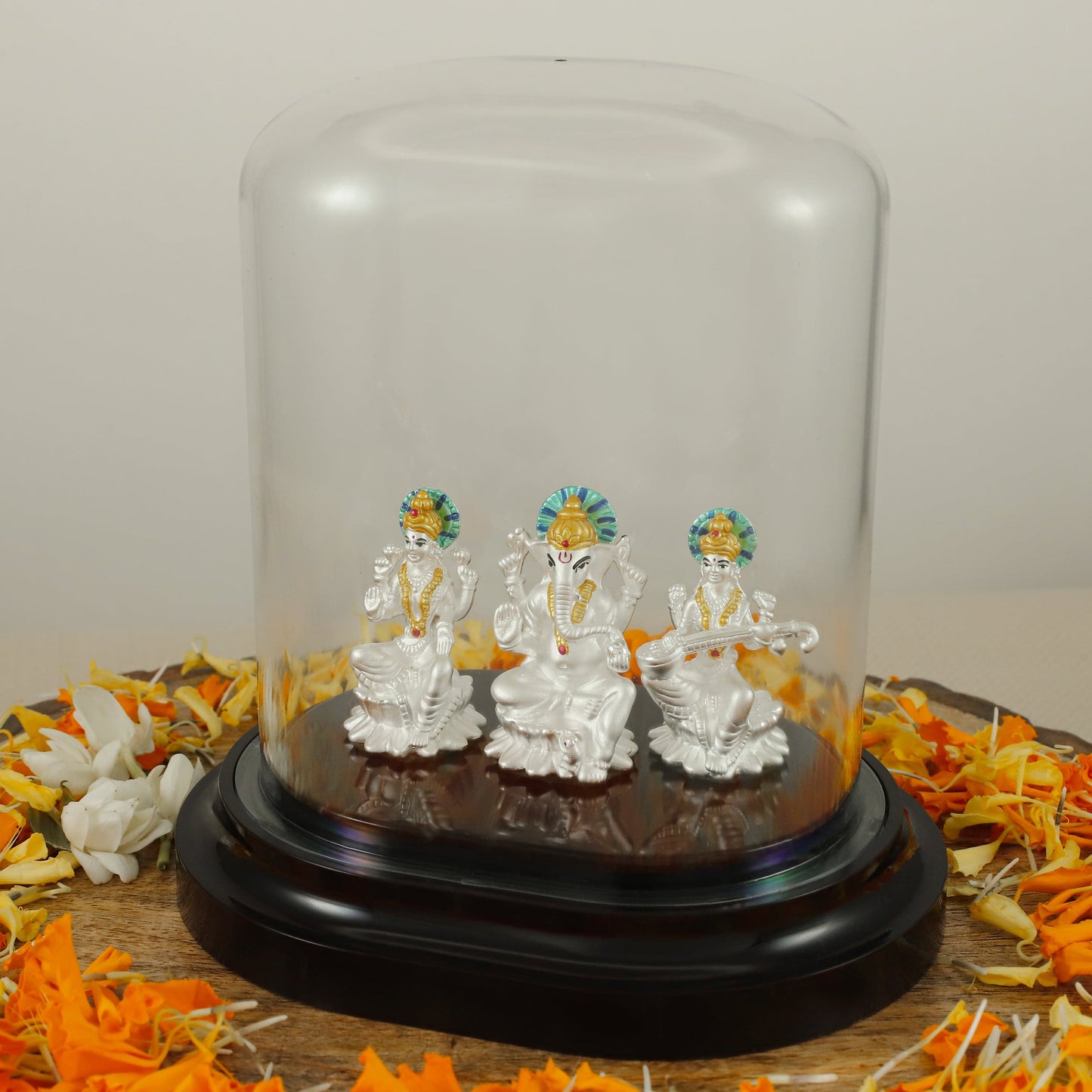Pretty Lakshmi-Sarasvati-Ganesh Silver Idol