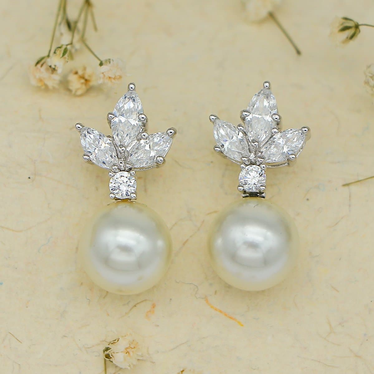 Round Pearl Drop Silver Earrings with Swarovski Leaves