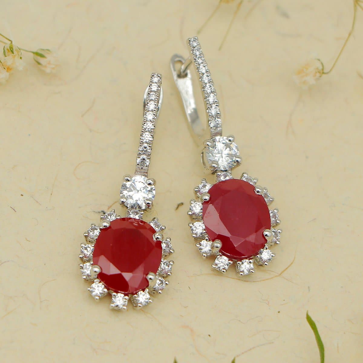 Enticing Clip on Red Silver Earrings with Swarovski Zirconia