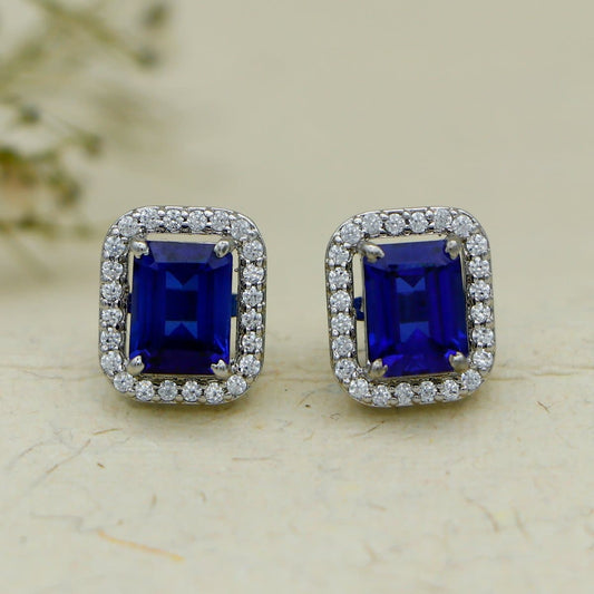 Silver Stud Earrings with Passionate Blue Emerald Cut Caged Swarovski Zirconia
