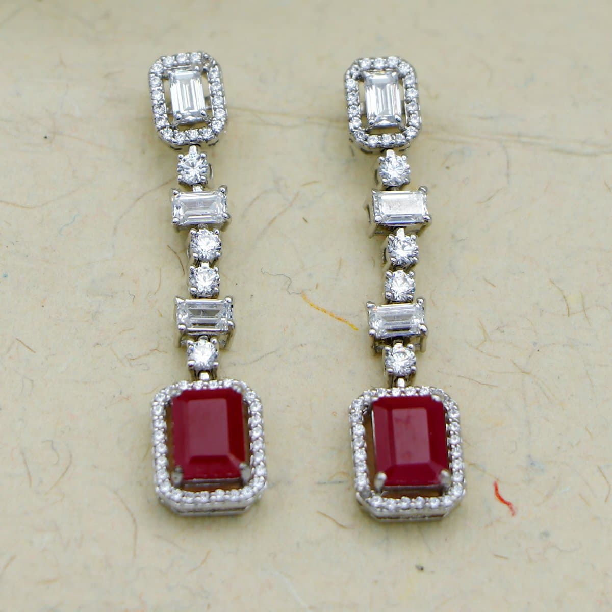 Emerald- cut Red Drop Silver Earrings with Swarovski Zirconia