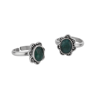 Fleura Green Silver Floral Toe Rings