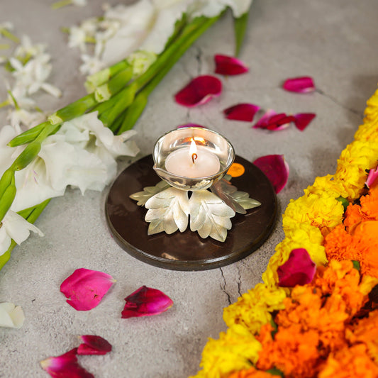 Royal Silver Diya With Wooden Stand