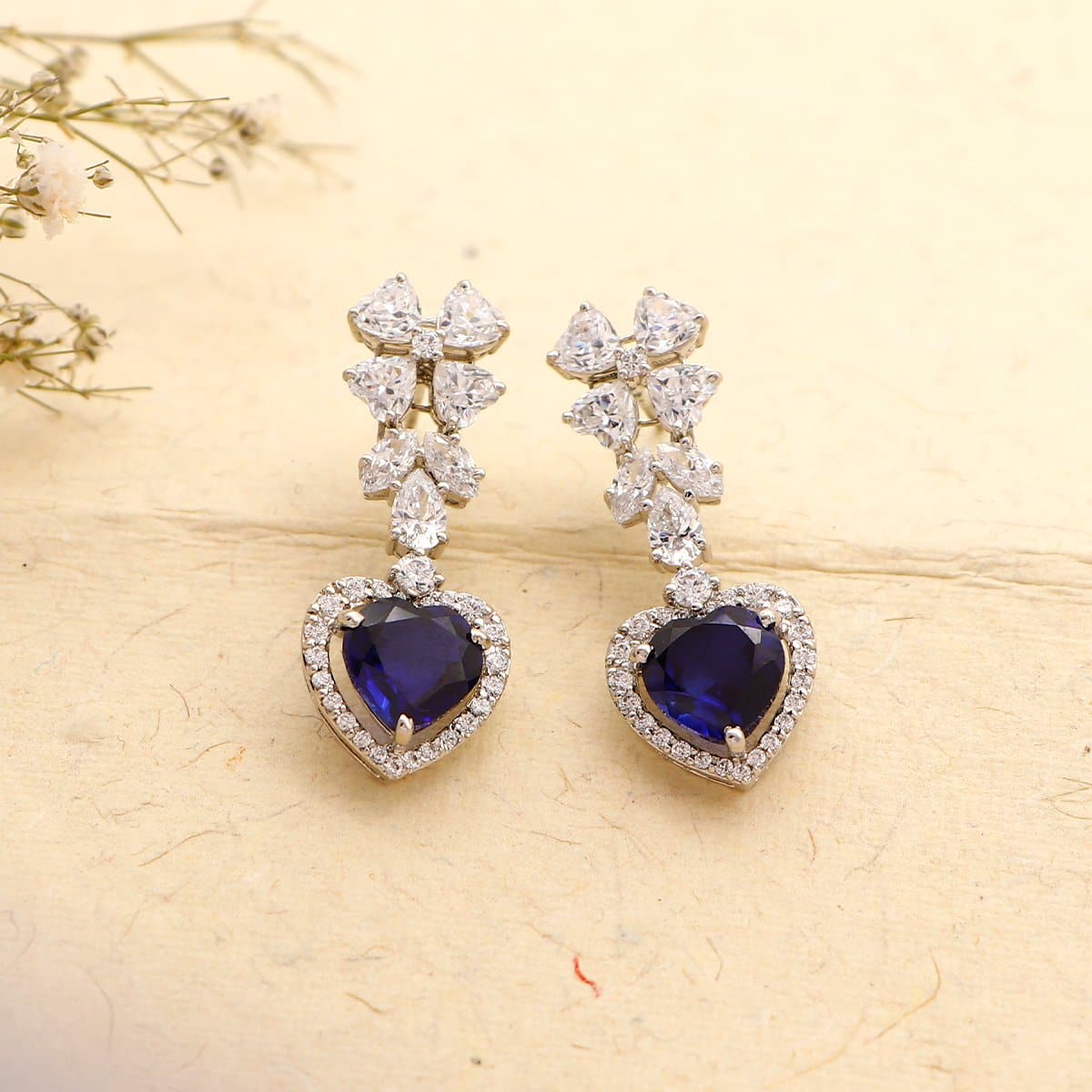 Heart Drop Blue Silver Earrings with Fancy Shaped Swarovski Zirconia