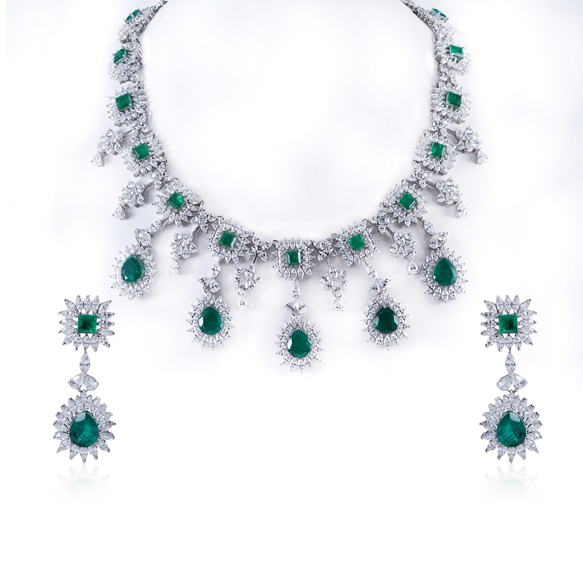 Glorious Green And White Silver Necklace Set with Swarovski Zirconia