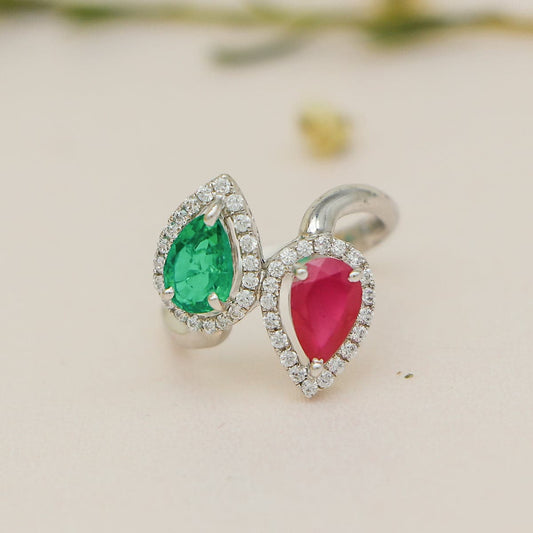 Red Green Twin Silver Ring with Swarovski Zirconia