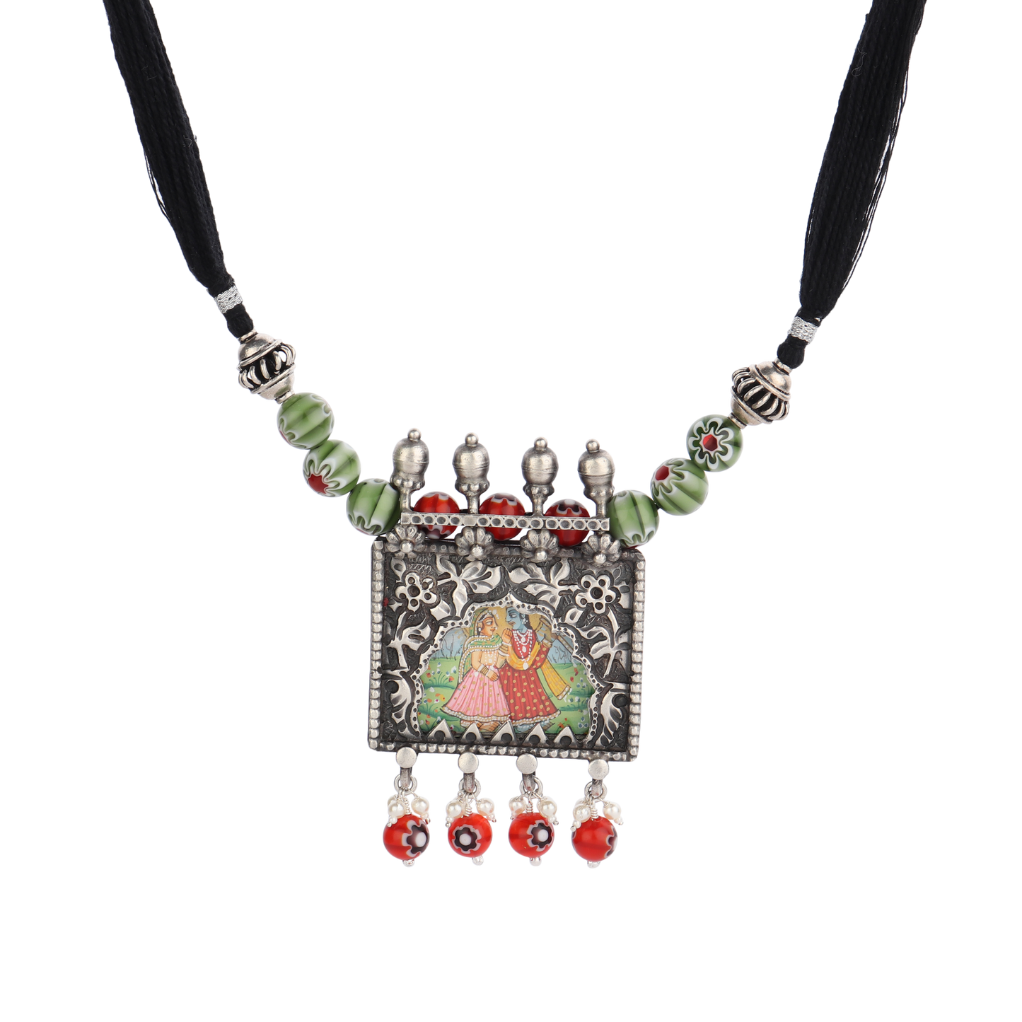 Aashka Green-Red Thread Tribal Silver Necklace With Hand Painted Deity Motif