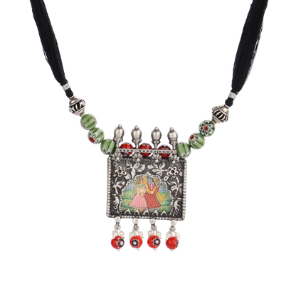 Aashka Green-Red Thread Tribal Silver Necklace With Hand Painted Deity Motif