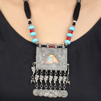 Gracia Red-Blue Thread Silver Necklace With Hand Painted Deity Motif