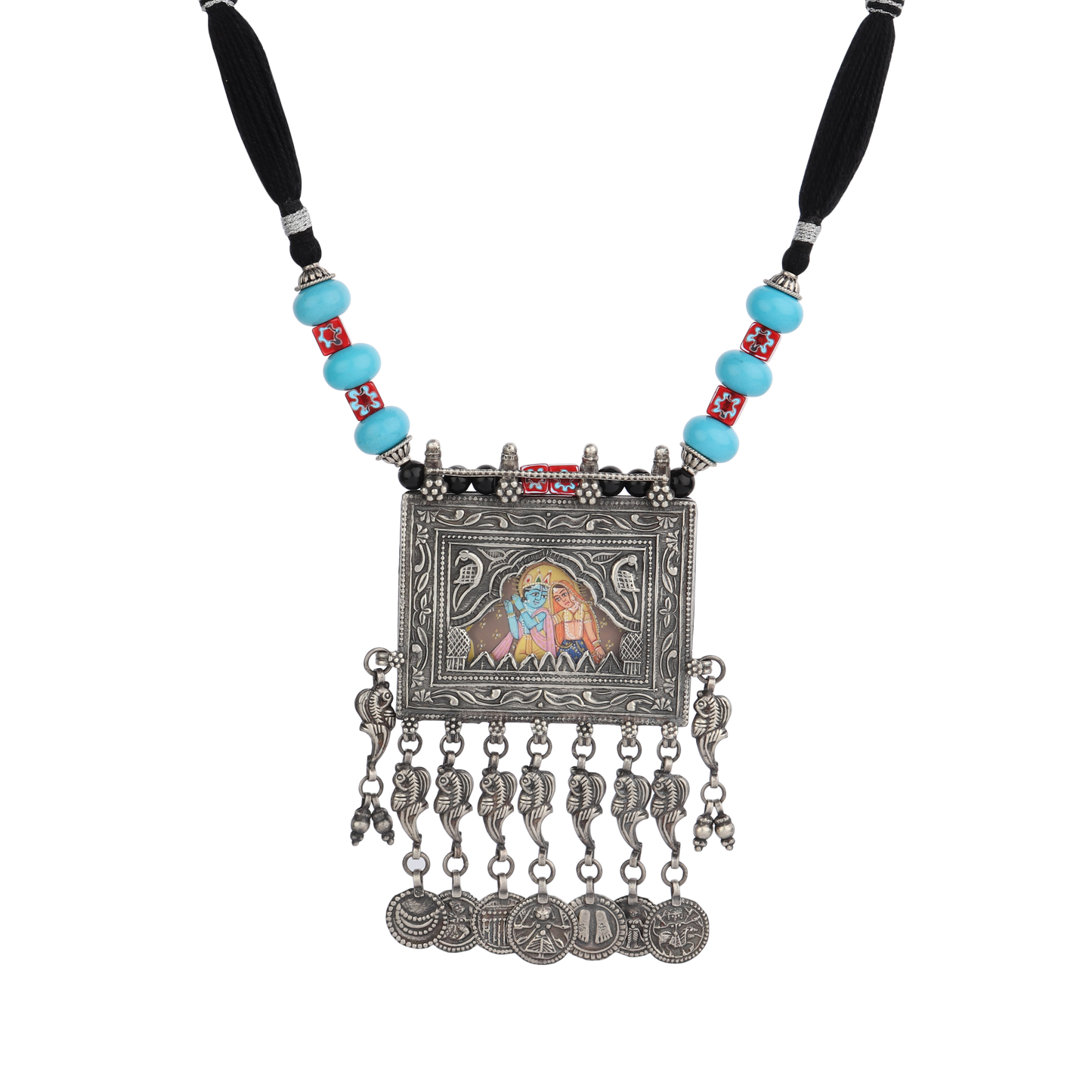 Gracia Red-Blue Thread Silver Necklace With Hand Painted Deity Motif