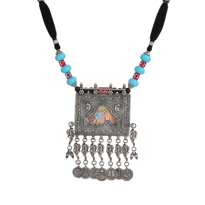 Gracia Red-Blue Thread Silver Necklace With Hand Painted Deity Motif