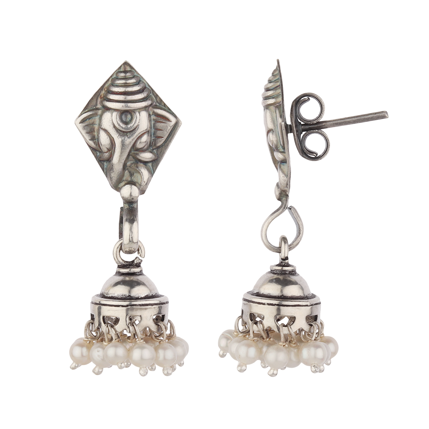 Anya Ganesha Motif Silver Earrings With Pearl